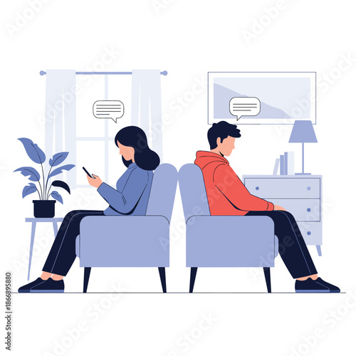 Couple sits back to back in separate armchairs while engrossed in their smartphones instead of communicating with each other.