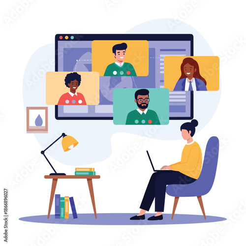 Woman working on a laptop with a large background screen showing a group video call with diverse colleagues or students from home.