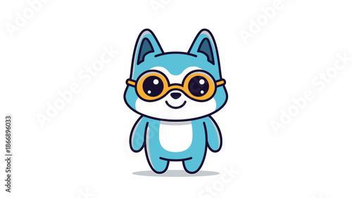 Cute Blue Cartoon Fox with Glasses Standing Upright.