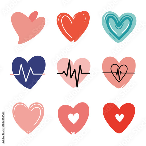 Set of nine diverse heart icons with different styles including heartbeat lines and nested shapes for medical or romantic themes.
