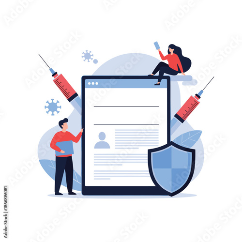 Two people interacting with a giant tablet screen showing a medical form with syringes and virus icons for a vaccination campaign.