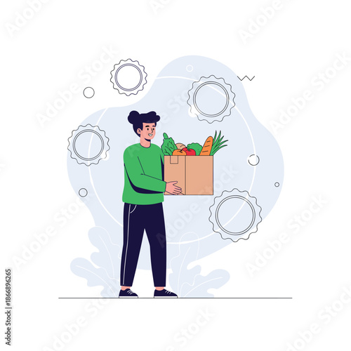 Happy woman carries a large cardboard box filled with fresh organic vegetables and fruits as part of a healthy grocery delivery service.