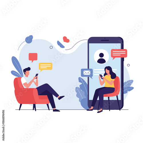 Man and woman communicate through mobile devices while the woman appears on a large screen to illustrate the concept of remote interaction.