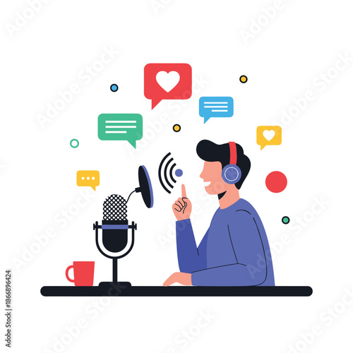 Man wearing headphones and recording a podcast with a microphone while surrounded by social media like and comment icons in a room.
