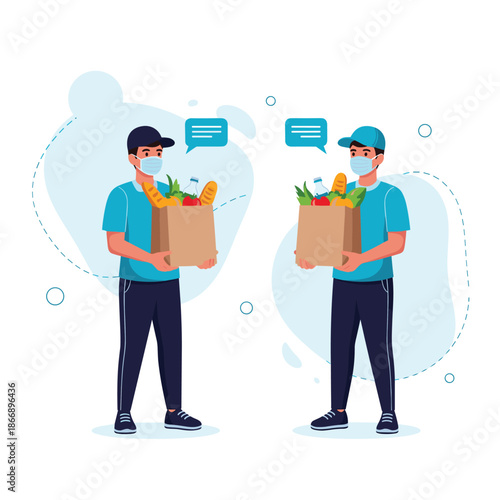 Pair of delivery men in blue uniforms and masks holding large paper bags filled with fresh groceries and produce for customers.
