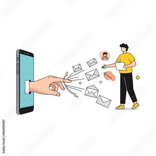 Large hand emerges from a smartphone screen to deliver multiple email icons to a man holding a document for digital communication concept.