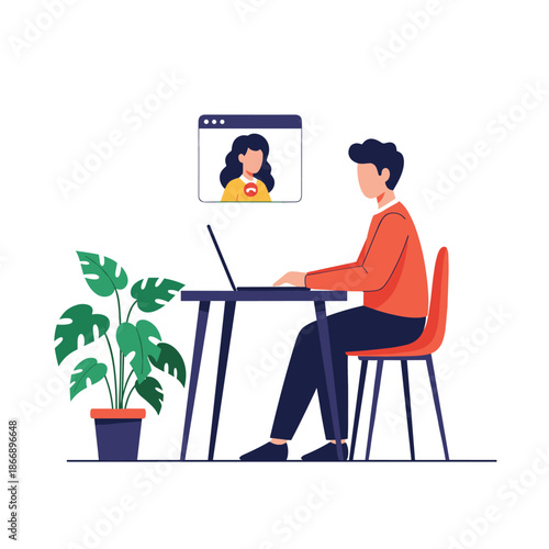 Man sitting at a desk and using his laptop to have a video call with a female colleague or friend in a modern flat vector style.