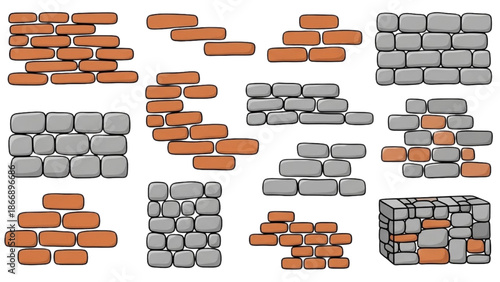 Collection of illustrated brick and stone wall textures and patterns