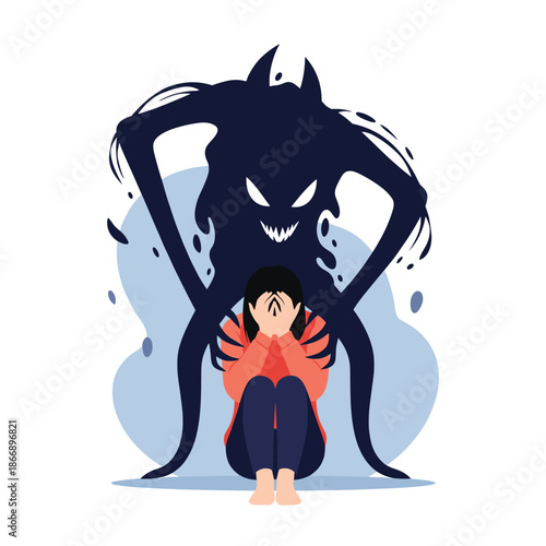 Person feeling overwhelmed by fear and anxiety represented by a large dark monster shadow looming over their shoulders.