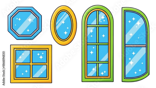 Collection of Various Window Designs and Shapes in Flat Style