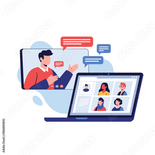 Group of diverse professionals participating in a remote video conference meeting via laptop and large digital screen display.