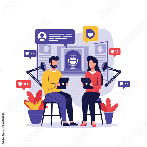 Man and woman recording a podcast or radio interview in a professional studio with microphones and social media engagement.