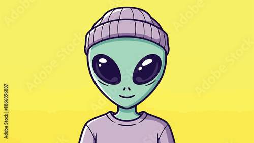 Cartoon Alien Portrait Wearing a Beanie Hat.