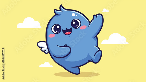Cute Blue Monster with Wings Waving Hand Cartoon Illustration.