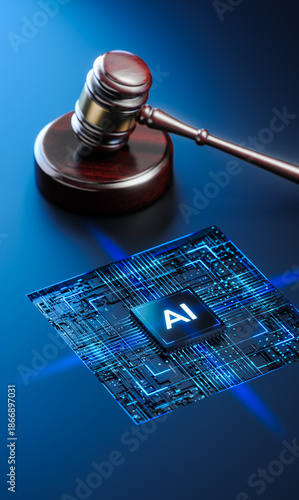Artificial Intelligence AI and Legal Systems: Judge's Gavel Hammer as a Symbol of Law and Order with Processor CPU AI Chip