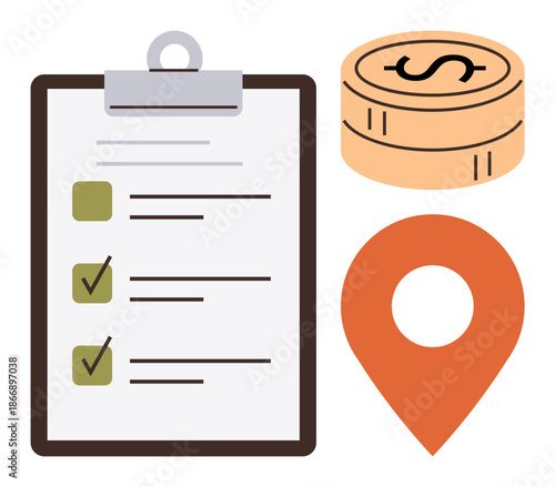 Financial planning, task management, location tracking, budgeting, savings, process organization. Checklist with checkmarks, coin stack and location pin. Financial planning and task management