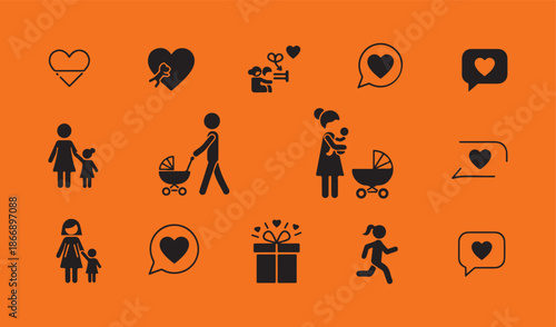 Motherhood, Parenting, and Love Icons Set on Orange Background