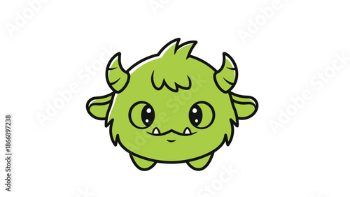 Adorable Green Monster Cartoon Character with Horns and Fangs.