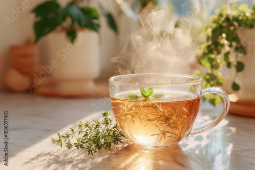 Warm Herbal Tea in a Glass Cup with Fresh Mint Leaves and Steam Rising against a Bright, Natural Background of Indoor Plants