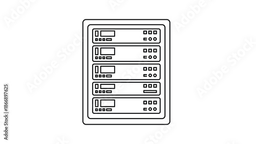 Outline icon of a server rack filled with multiple components, symbolizing data storage, IT infrastructure, and computer hardware.