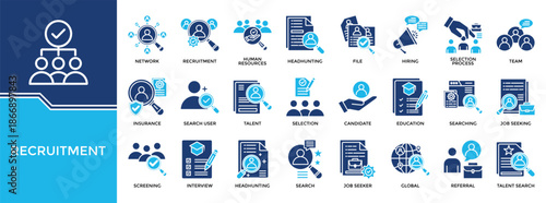 Recruitment icon set collection. Containing interview, question, searching, selection, press, write, audience .Solid vector icons collection