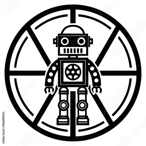 A black and white vector graphic of a robot in a circular design