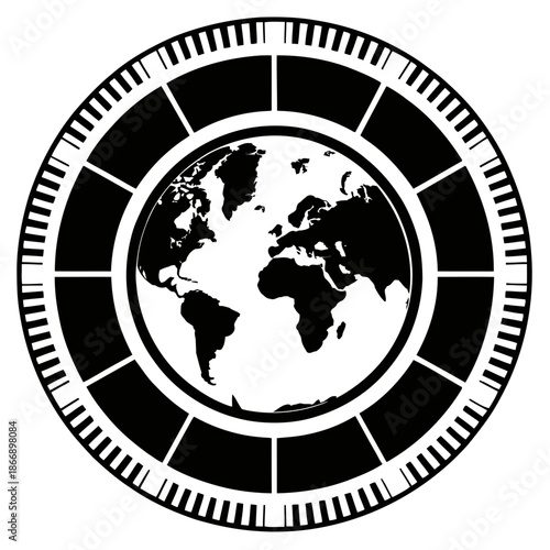 A black and white vector graphic illustration of the Earth in a circular design