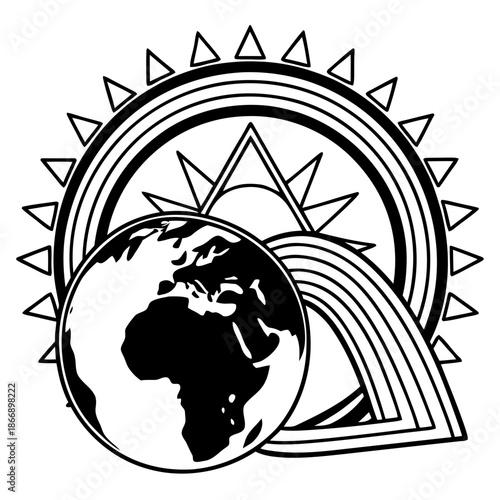A black and white vector graphic illustration of the Earth with a sun and rainbow
