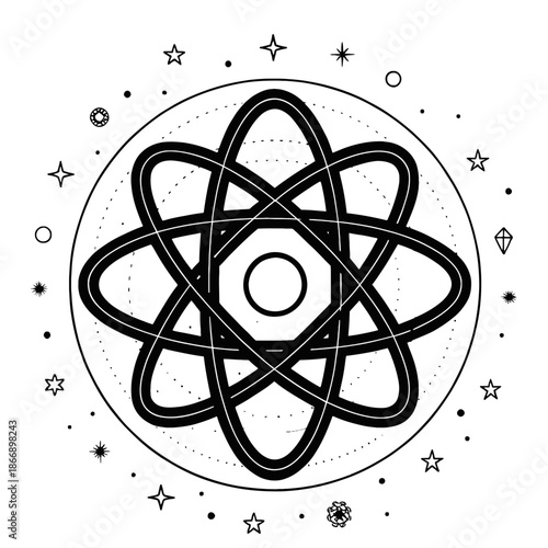 A minimalist vector graphic illustration of an atom symbol with stars