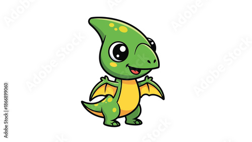 Adorable Cartoon Parasaurolophus Dinosaur with Big Eyes and Small Wings.