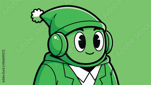Cartoon Character in Green Outfit with Headphones and Hat.