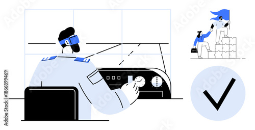 Leadership, teamwork, remote control, goal achievement, decision-making, supervision. A figure operates a control panel, another supports a leader atop blocks and a checkmark success. Leadership