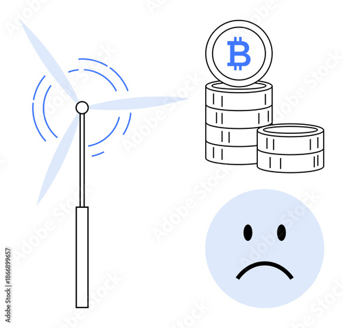 Renewable energy concept. Renewable energy through wind turbine alongside Bitcoin coins, highlighting energy efficiency challenges. Renewable energy links to sustainability, blockchain impact