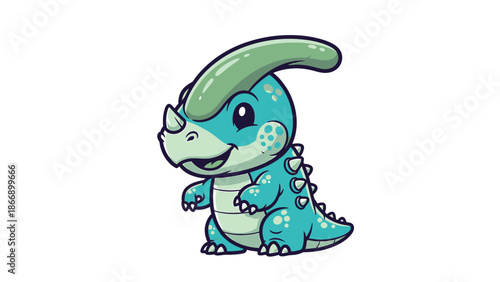 Adorable Cartoon Parasaurolophus Dinosaur with Gentle Smile and Playful Pose.