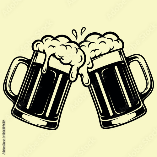 Beer mugs clinking in toast with foam splashes vintage illustration