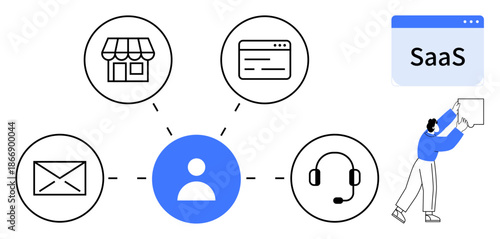 SaaS concept. SaaS platform connecting users with services thumbs up email communication, online stores, and support tools. SaaS enables streamlined operations. For business, technology, cloud apps