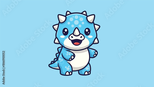 Adorable Cartoon Triceratops with Blue Scales and White Horns.
