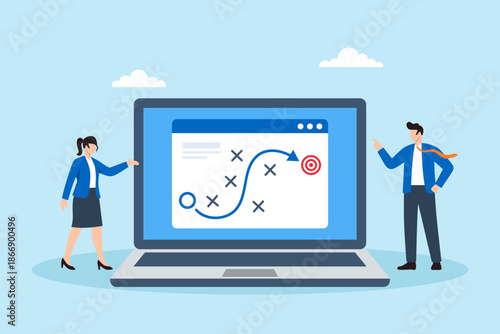 Flat illustration of business people planning strategic path on laptop screen symbolizing goal achievement strategy development teamwork collaboration and problem solving process