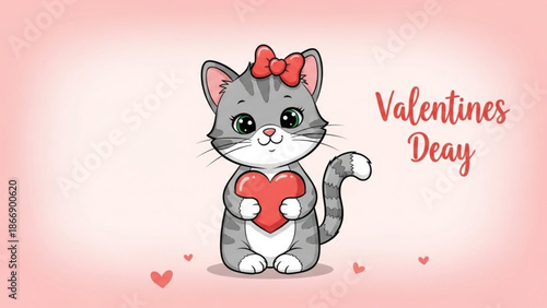 A cute cartoon cat holding a heart on Valentine's Day with a pink background
