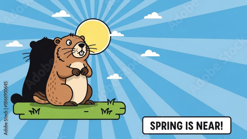 A cartoon groundhog stands on a green log with a sunny sky and clouds in the background, symbolizing the arrival of spring.