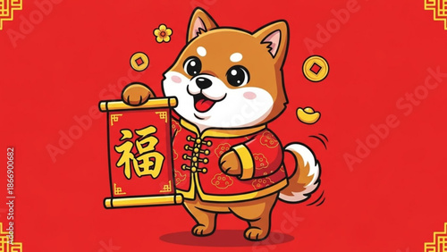 A cheerful cartoon dog in traditional Chinese clothing holding a scroll with a golden character on a red background