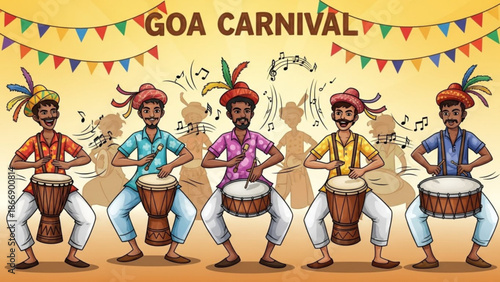A vibrant illustration of drummers celebrating the Goa Carnival with colorful decorations and festive attire