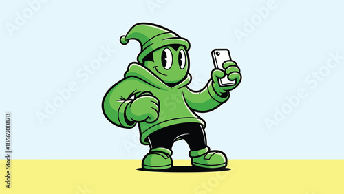 Cartoon Elf Character Taking a Selfie with a Smartphone.