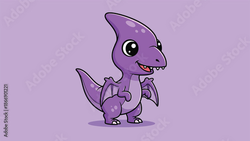 Adorable Purple Pterodactyl Cartoon Character Standing Upright.