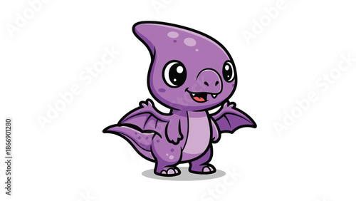 Adorable Purple Pterodactyl Cartoon Character with Big Eyes.