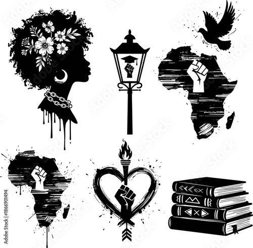 Powerful Black History Month Vector Bundle: Silhouette of African American Woman with Afro, Raised Fist Icons for Freedom, Africa Map Grunge, and Education Symbols.