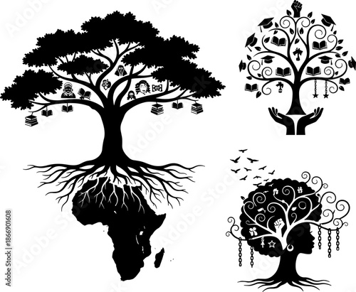 Black History and Education Vector Bundle: African Roots Tree with Historical Figures, Academic Success Symbols, and Empowerment Graphics for Cultural Identity and Learning Concepts.