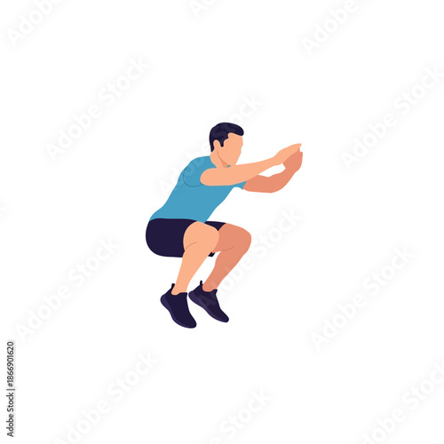 Dynamic jump squat exercise for full-body strength and fitness training. A man performs a powerful plyometric workout in this health and wellness illustration