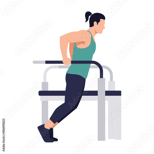 Woman exercising on parallel bars, performing dips for upper body strength