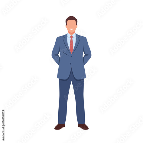 A confident and professionally dressed businessman in a sleek blue suit and red tie, embodying success and corporate readiness, perfect for various business content